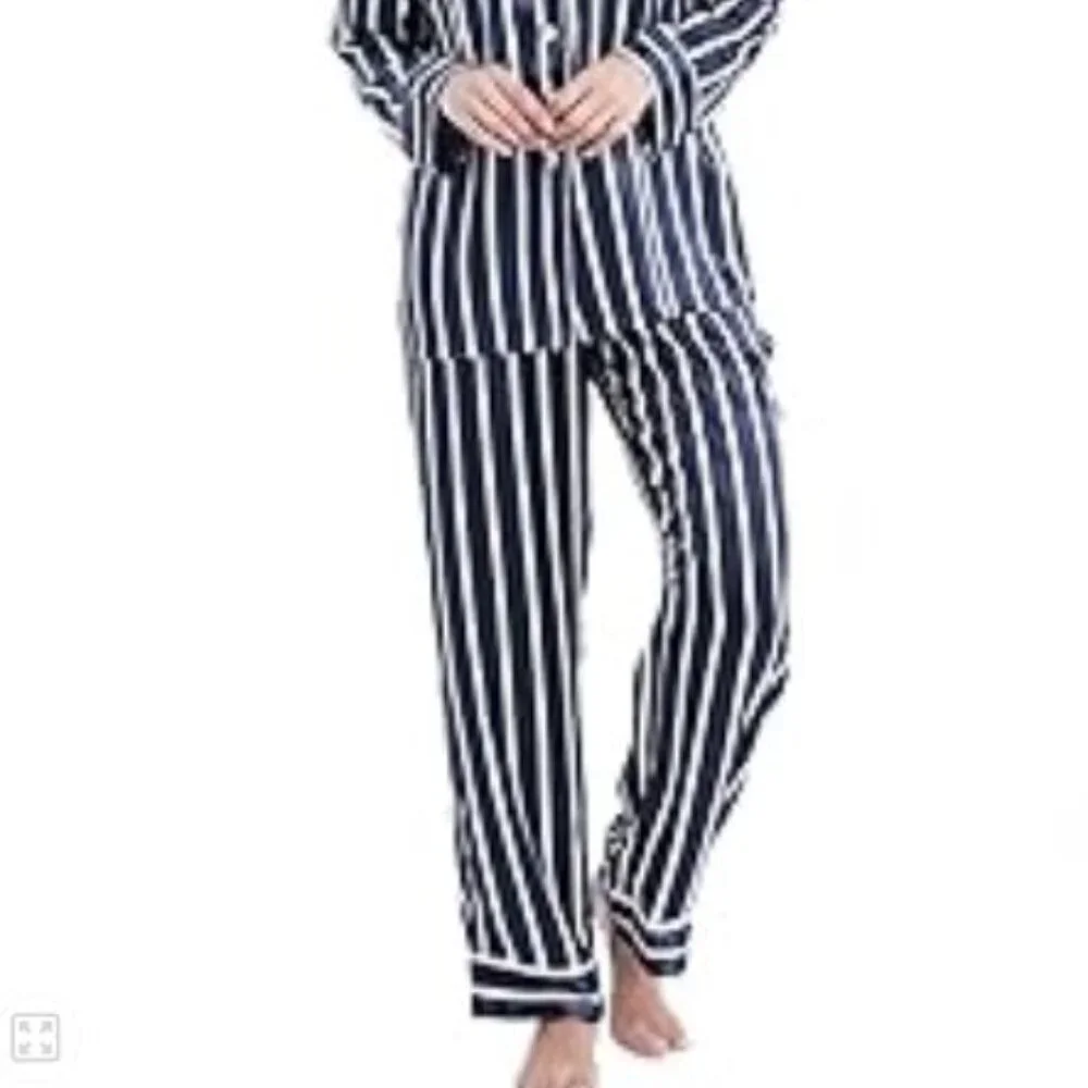 Serenedelicacy Women's Satin Pajama Set Long Sleeve Button Down Striped Silky - Picture 2 of 11